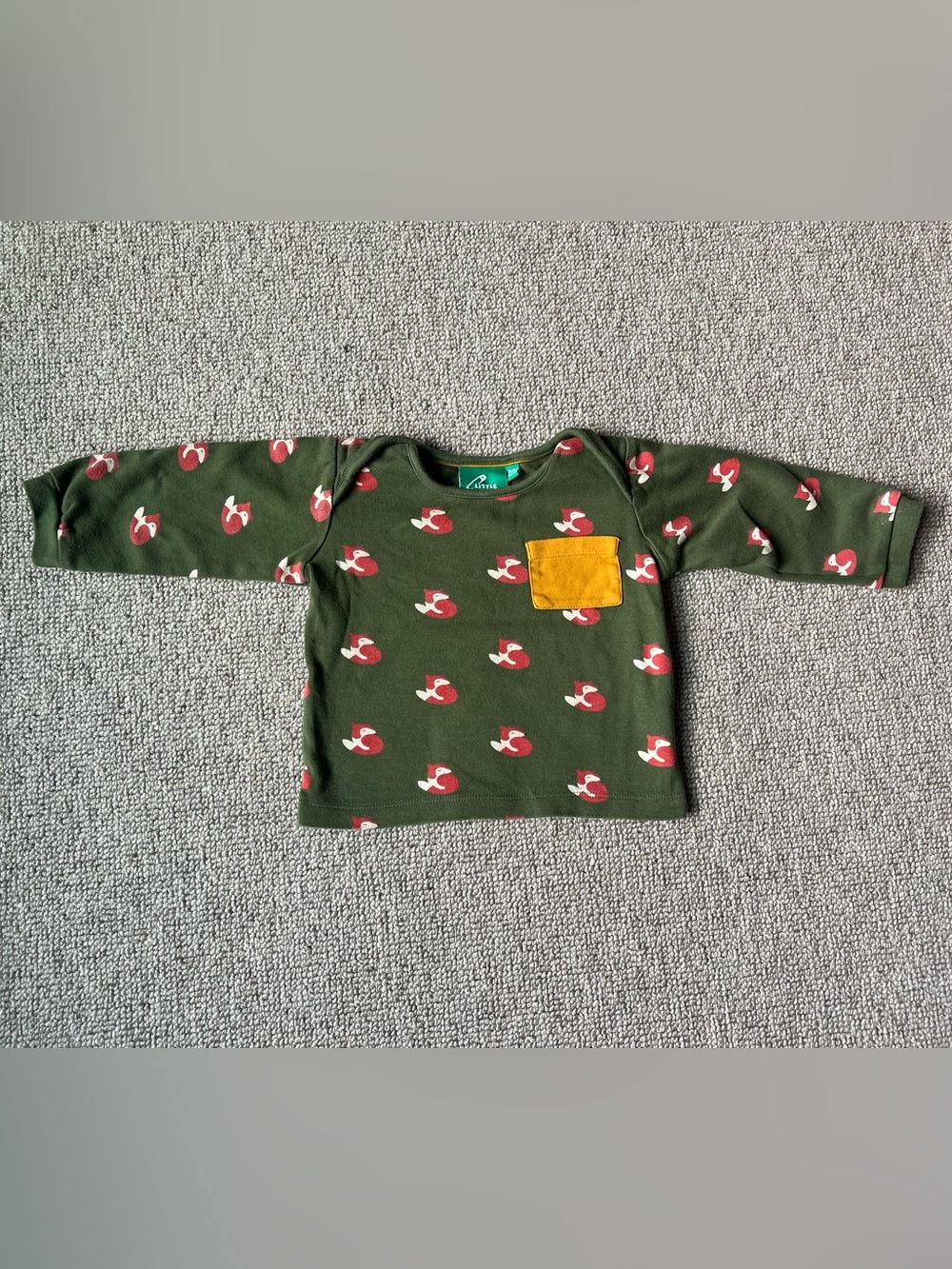 Little Green Radicals Olive Green Fox Print Long-Sleeve Tee with Yellow Pocket